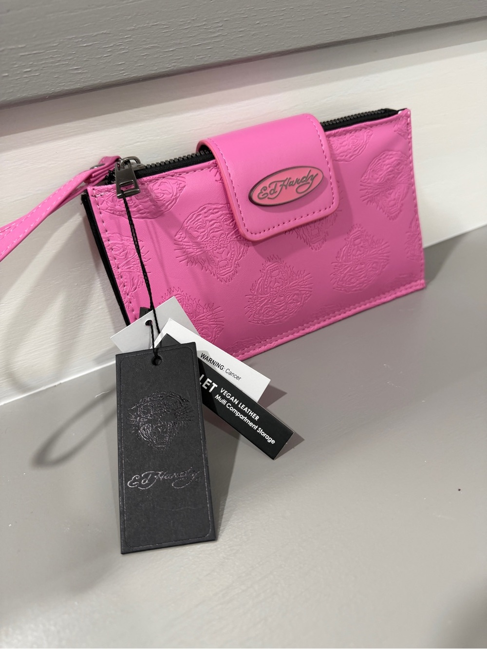 Ed Hardy Hot Pink Wristlet Clutch with Logo Plaque